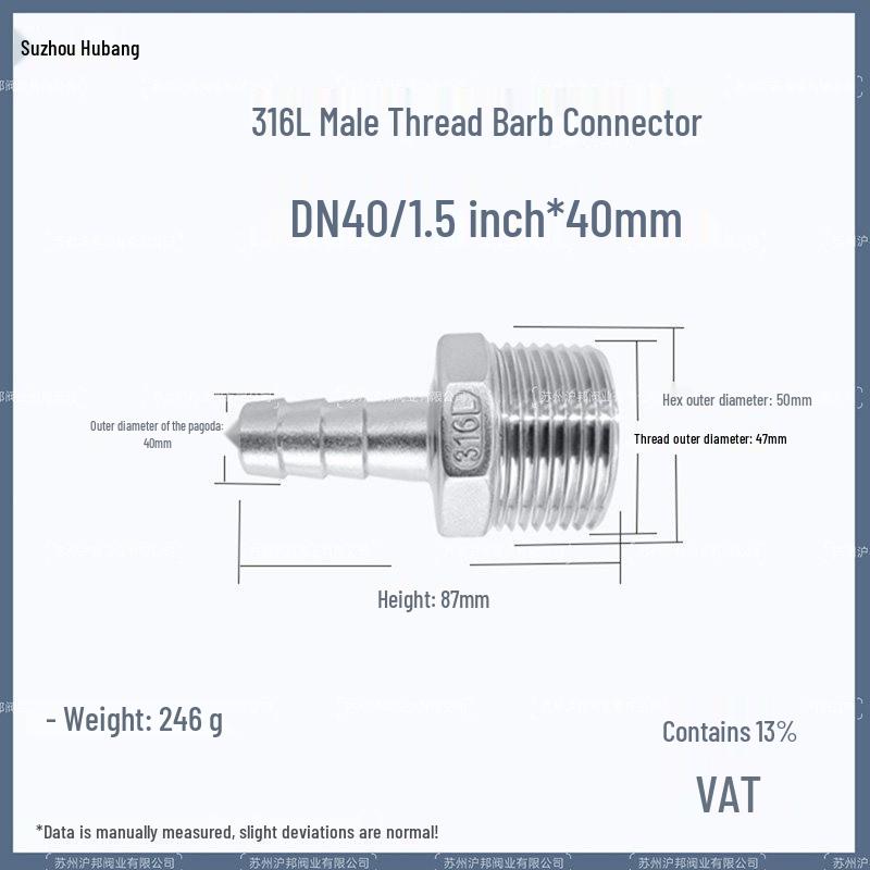 1" Hexagonal Barb Connector, 304 Stainless Steel for Water Pipe Hose, 316 Male Thread Plug