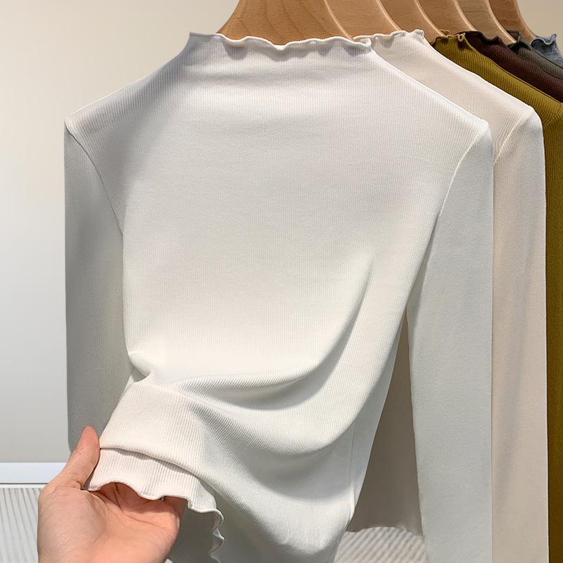 Women's Modal High Neck Long Sleeve Shirt - Elastic Slim Fit, Trendy Thin Style for Spring, Autumn, and Winter.