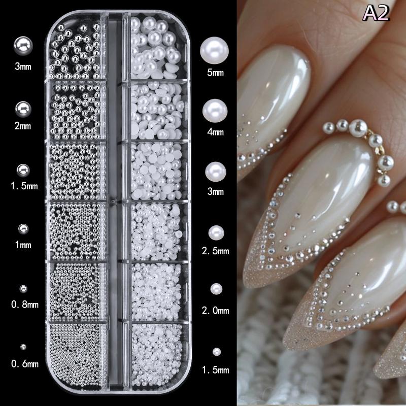 6/12 Grids/Box Colorful Round Pearls Nail Beads Charms Caviar Jewels Half Round Pearl Gems for DIY Nail Art Decoration