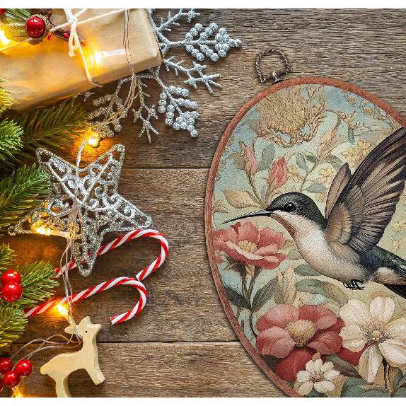 XSTWLJ Vintage Hummingbird Wall Art Decor, Floral Botanical Bird Canvas Art Framed, Elegant Cottagecore Oval Wall Hanging Decorations for Home
