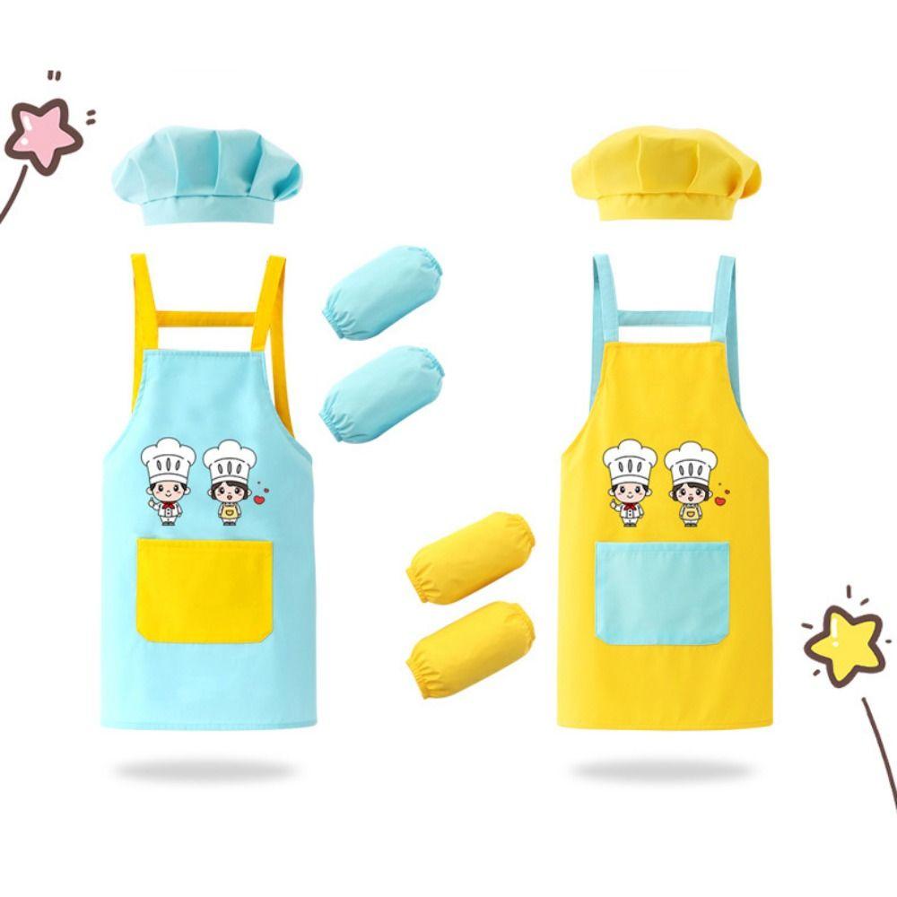 New Cartoon Kids Apron Arm Sleeve Hat Children's Bib Chef Cap Waterproof Chef's Uniform Baking