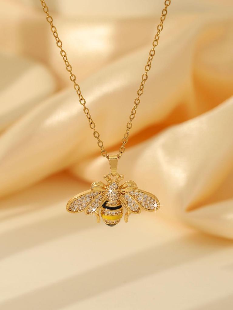 18K Gold Titanium Steel Bee Necklace with Zircon Inlays for Women - European & American Style