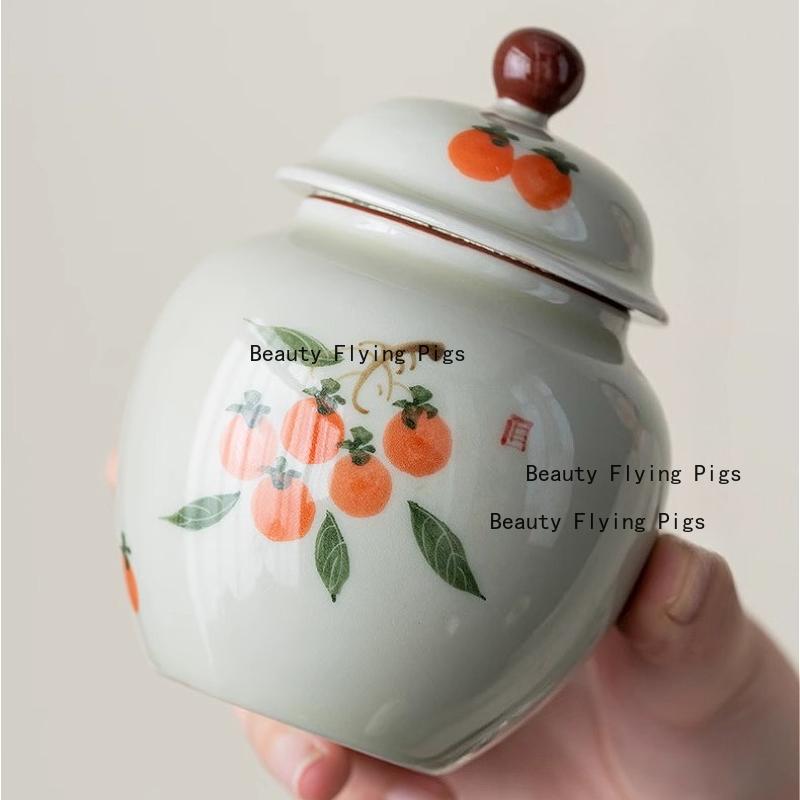 1pc Ceramic Tea Storage Jar Chinese Moisture-proof Sealed Jar Tea Box with Lid Hand Drawn Storage Container Household Items