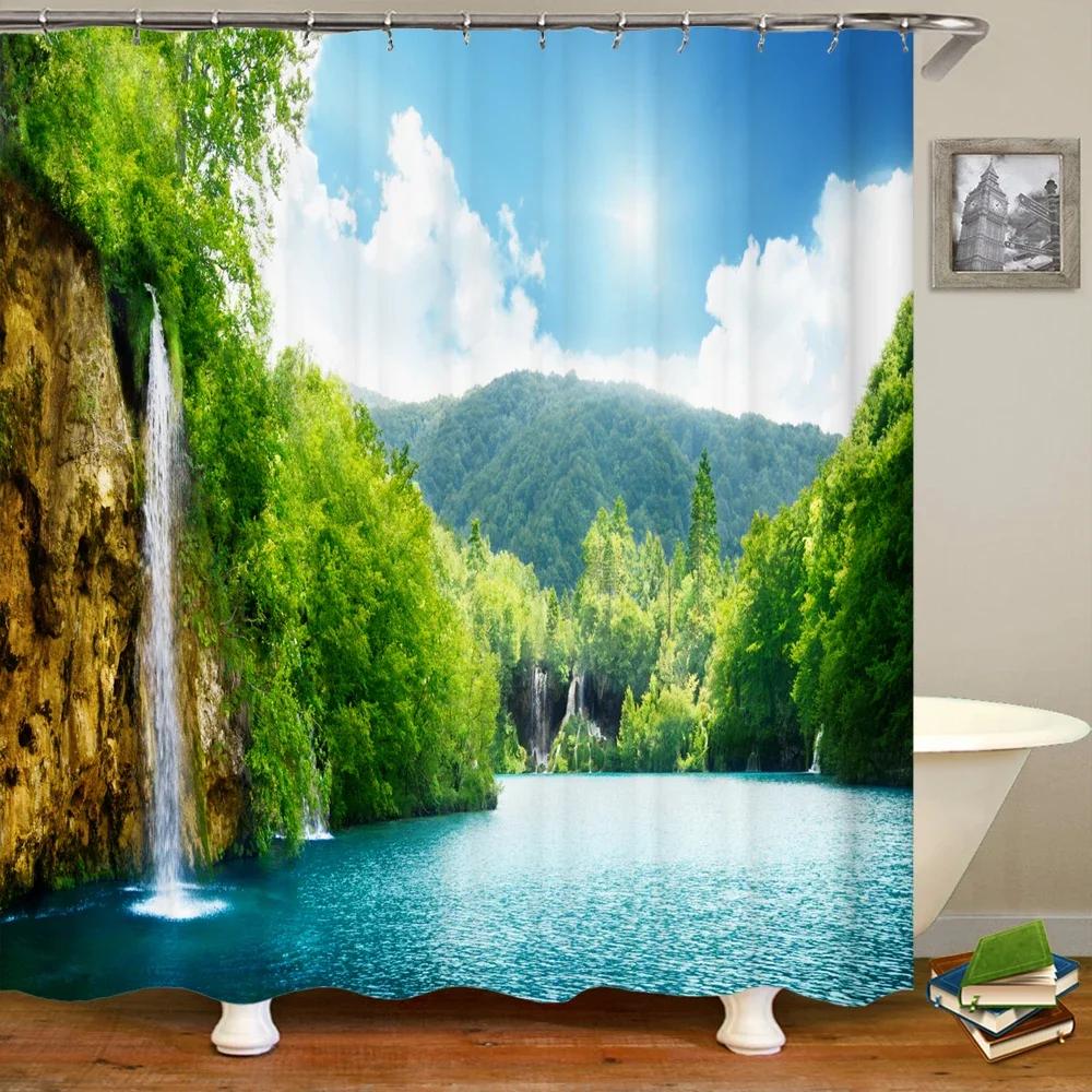

3D Печать Зеленый Лес Водопад Шторы для Душа Водонепроницаемая Занавеска для Ванной с Крючками Занавеска для Ванной 180*200 Полиэстеровая Ткань 200x180cm-78x70in
