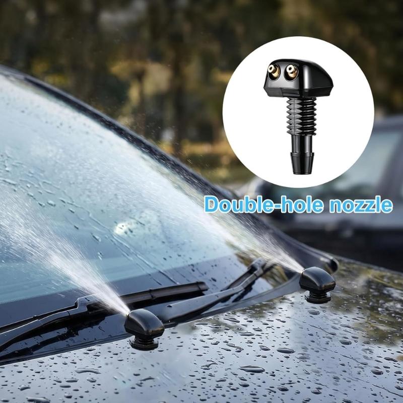 Two-Jet Windshield Washer Nozzle Kit with Adjustable Washer Heads, Hose and Fitting Pieces for Vehicle Washer Replacement Maintenance