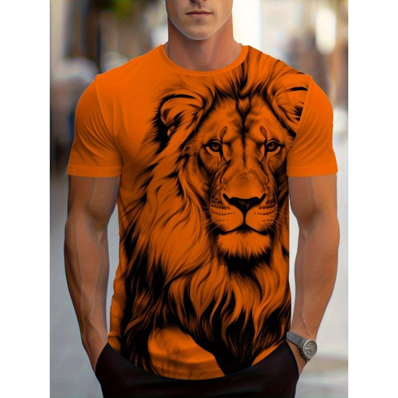 Black Sketch Lion Head Printed T-Shirt for Men Cool Animal Graphic Short Sleeve Tees Trendy Casual Round Neck Red Base Creative Streetwear Punk Top