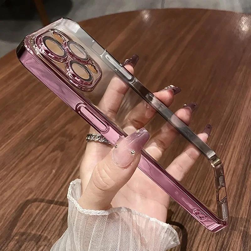 NYHET Luxury Plating Clear Phone Case For iPhone 15 14 13 11 12 Pro Max X XS Max XR 7 8 Plus Full Lens Protector Silikondeksel