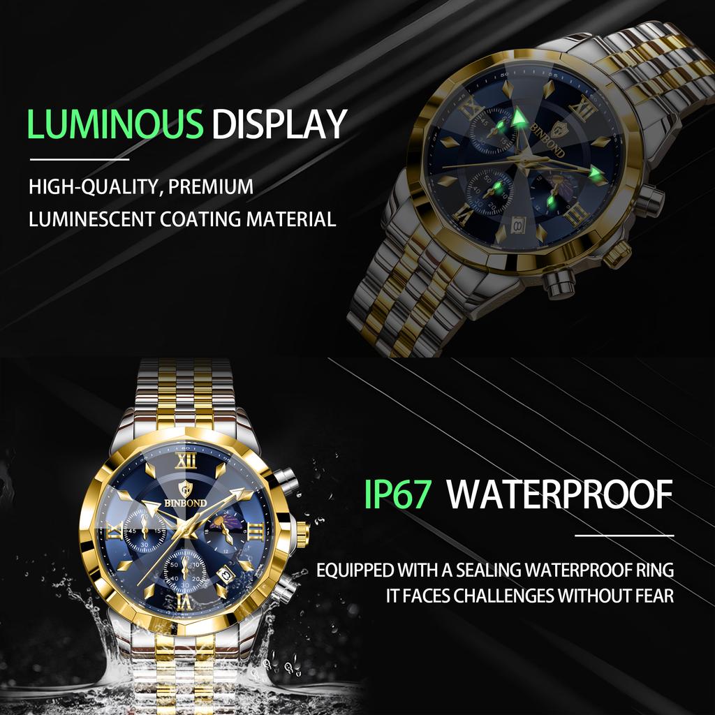 BINBOND Luxury Men's Watches Date Chronograph Stainless Steel Quartz Watch Waterproof Luminous Fashion Man Wristwatch