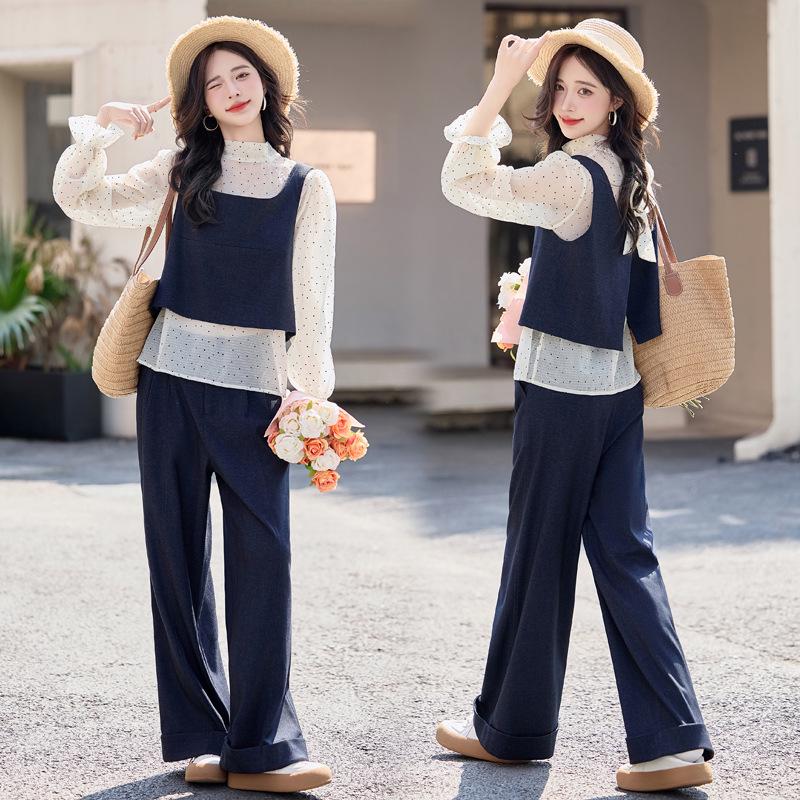 

Весенний комплект-тройка в горошек 2025: Рубашка, жилет и брюки палаццо YJ8533 XL (125-140 jin)