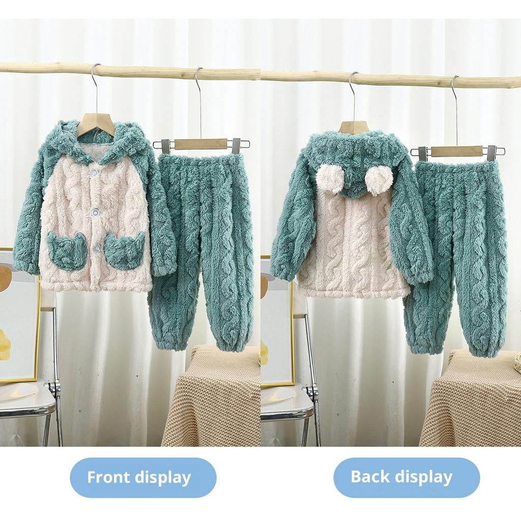 Kinderpyjama Herbst und Winter Dick Kapuze Langarm Hose Cartoon mit Taschen Hauskleidung