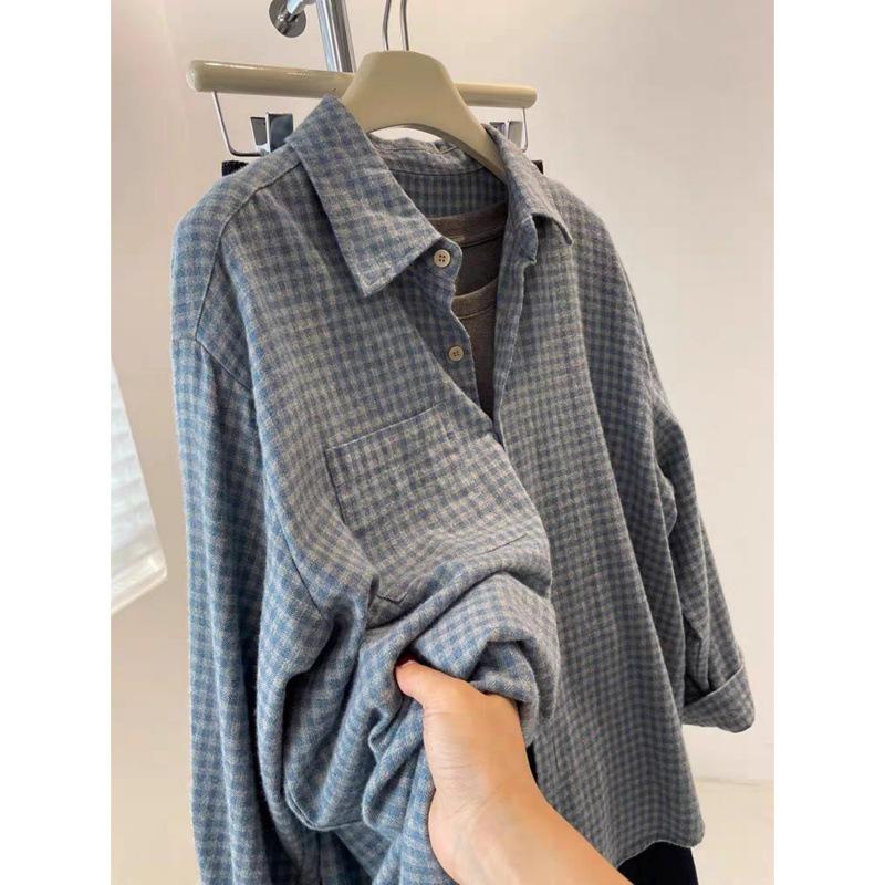 Damen Blau Kariert Retro Hemdjacke - Verdickt, Lockere Passform für Herbst/Winter