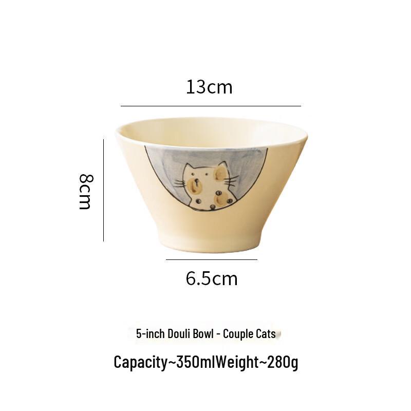Ruhan Japanese Style Couple Cats Ceramic High-Foot Rice Bowl Set