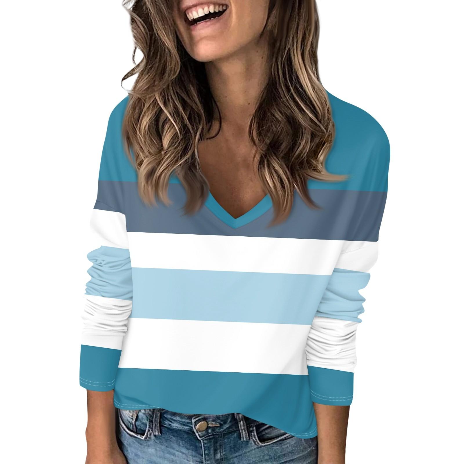 

Жіноча футболка з принтом, спадаючими рукавами, довгими рукавами, щоденна мода на вихідні, звичайний топ із V-подібним вирізом M синій