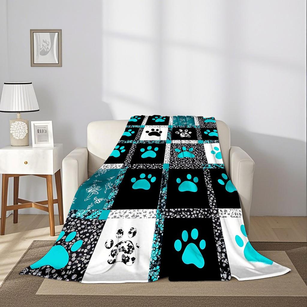 Multi-color Block Patchwork Teal Blue Pet Paw Print Floral Quilt Style Flat Digital Print Ultra-Soft Flannel Throw Blanket, Warm