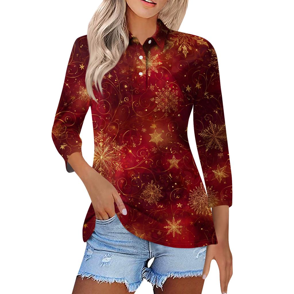 Women's Fashion Casual Button 3/4 Sleeve Vintage  Print Lapel Top
