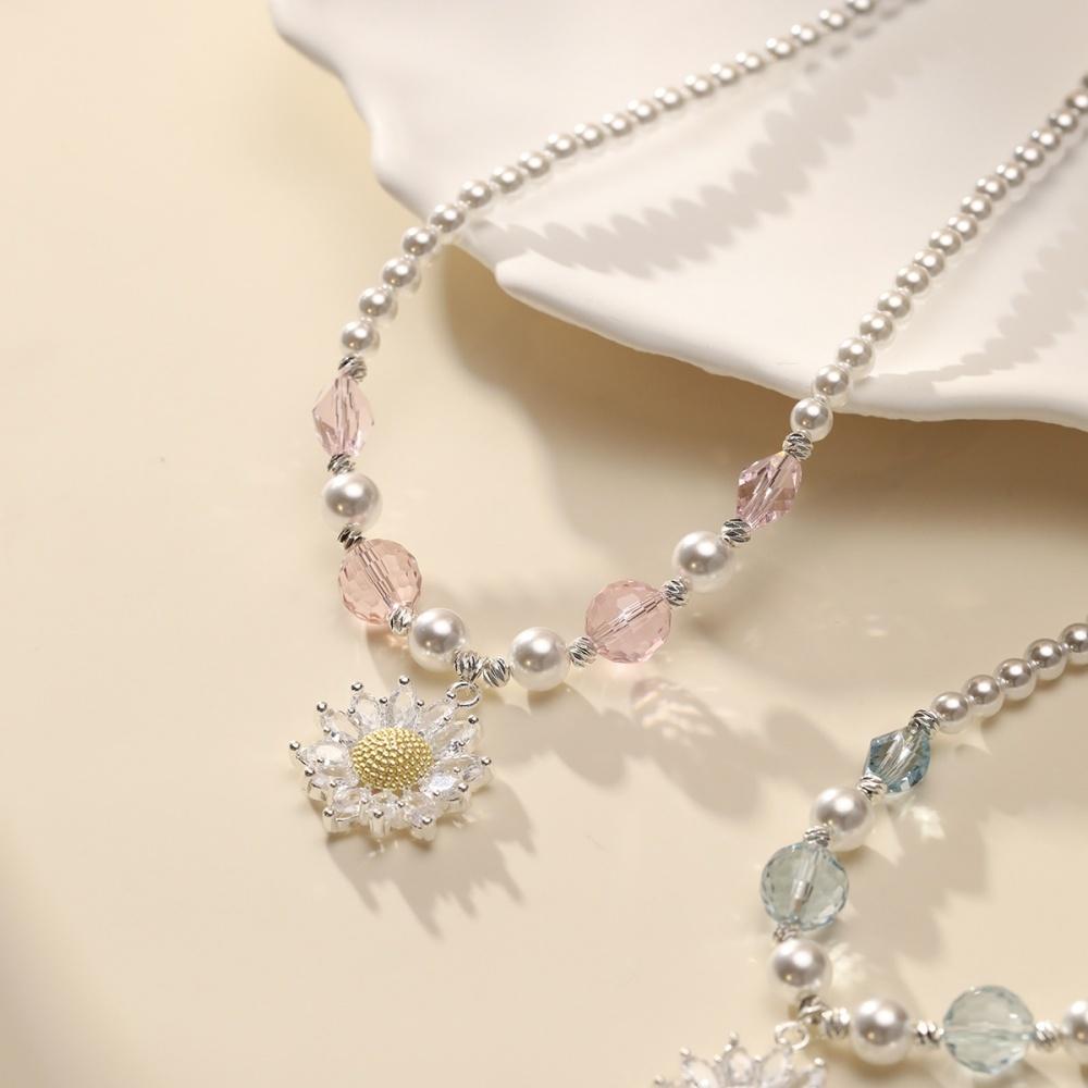 Silver Plated Colorful Crystal Sunflower Pendant Pearl Beaded Choker Necklace For Women Fashion Daily Vacation Jewelry Gifts