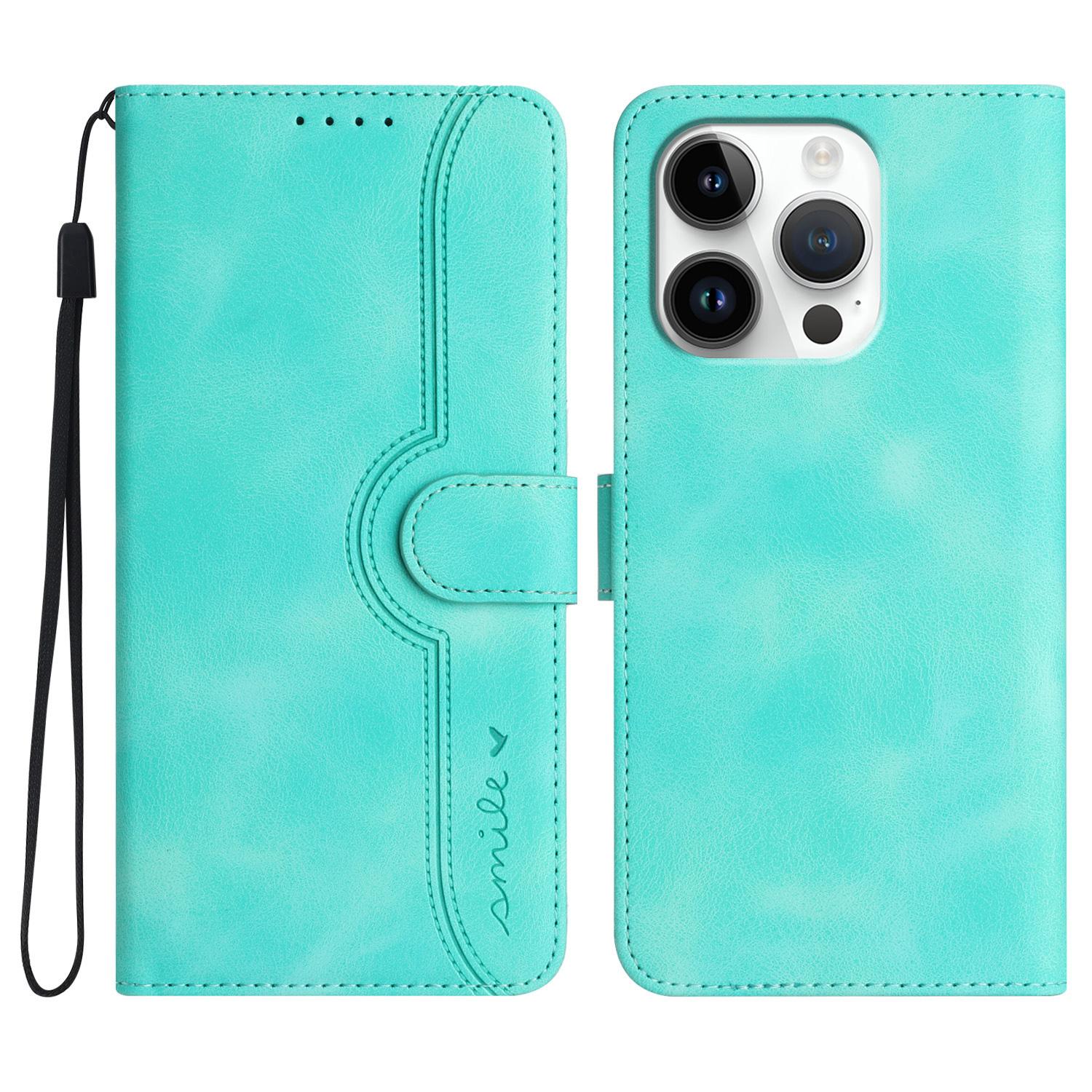 

YX0030 For iPhone 16 Pro Case Smile Imprinted Leather Phone Cover with Wallet Baby Blue