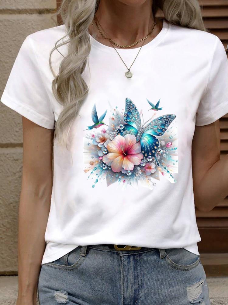 (Asian Size) Tee Top Women Fashion Female Clothing T Shirt Woman Print  butterfly floral trend 90s Short Sleeve Graphic T-shirts