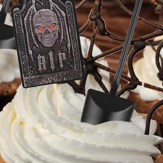 48 Pcs Halloween Cupcake Toppers Tombstones Graveyard Cake Decorations with Mini Shovel Spoons for Halloween Birthday Party Supplies
