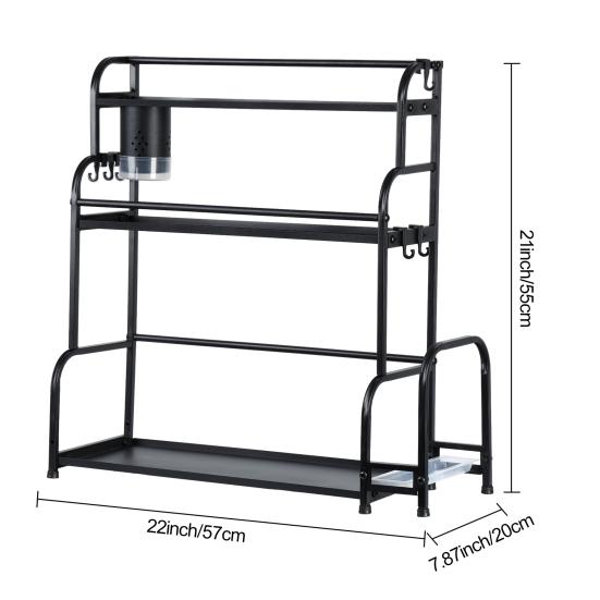 Standing Spice Rack, 3-Tier Kitchen Countertop Shelf with Stepped Design, Spice Rack Organizer and Hooks, Utensil Holder, Chopping Board Holder, Black
