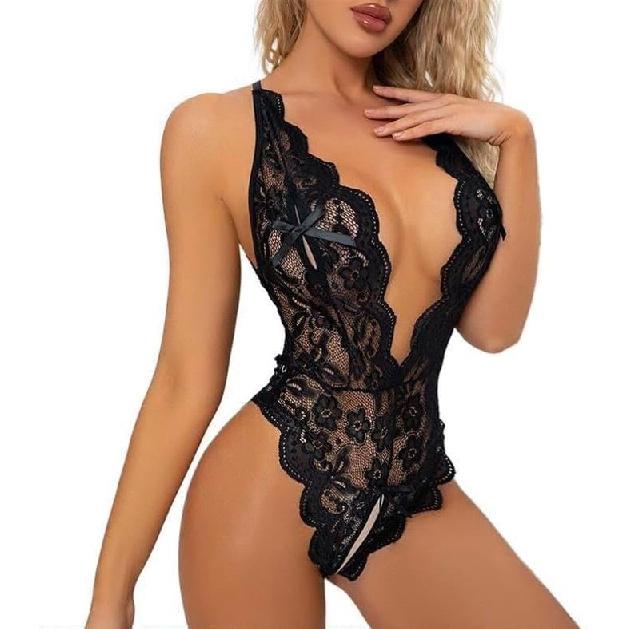 Women's Deep V Lace Babydoll Lingerie - Adjustable Teddy & Sheer Design, (Black/Red/Purple) | Sensual Nightwear
