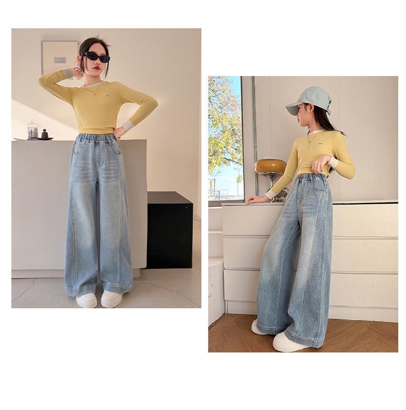 Girls' Rhinestone Straight-Leg Wide Jeans - Versatile Spring and Autumn Fashion 2026