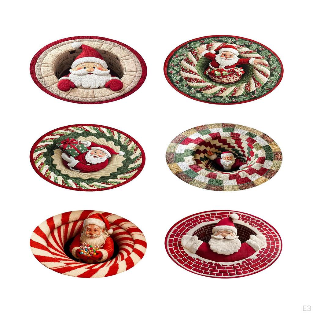 3D Christmas Rug Round Decorative Padded Carpet in Soft Velvet Material Featured Optical Design