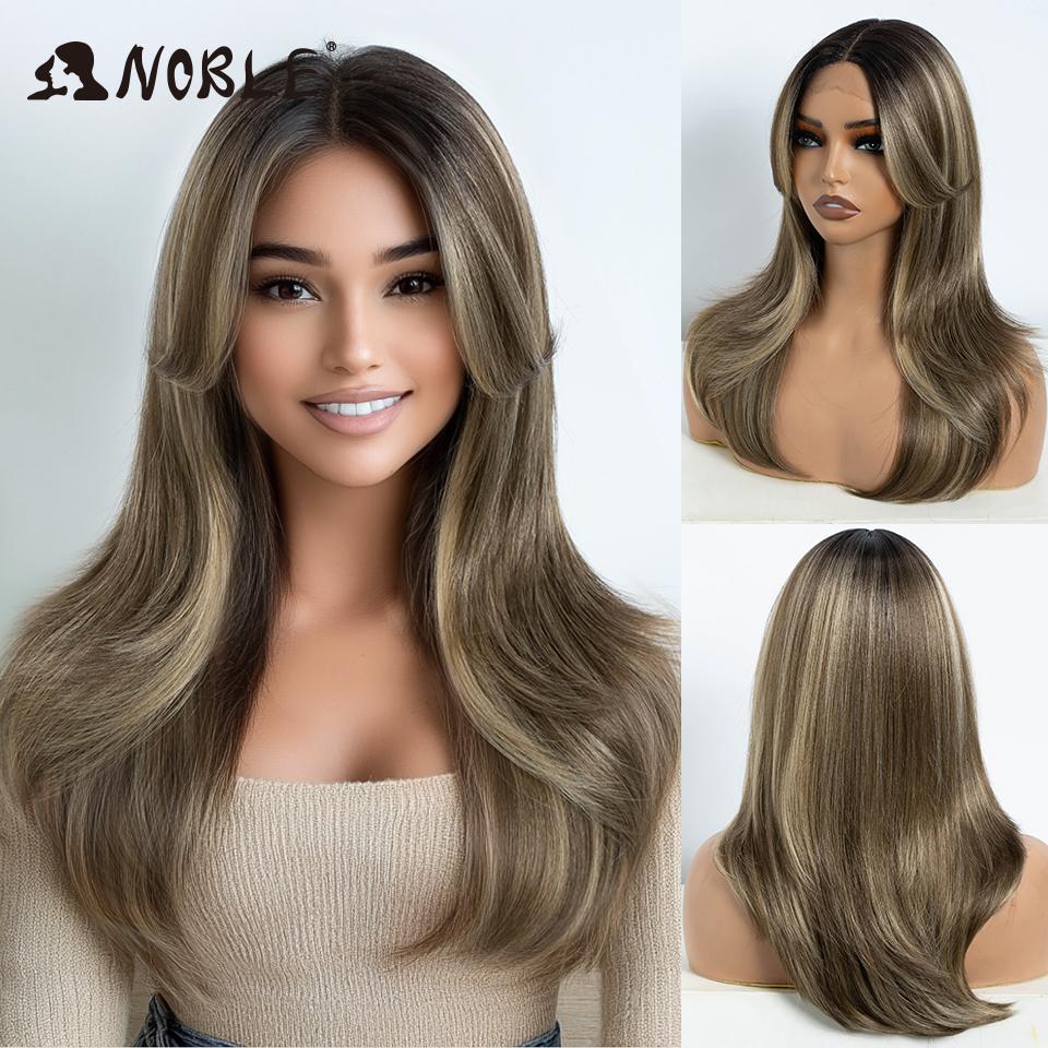 Noble Synthetic Lace Front Wig 14 Inch Straight Bangs Wig Cosplay Wig Ombre Blonde Wigs For Women Lace Wig Synthetic Lace Wig