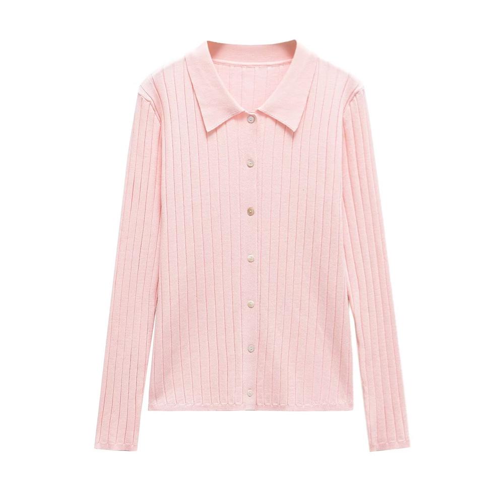 

2025 Spring/Summer Women s Slim Fit Lapel Rib Knit Long Sleeve Cardigan L