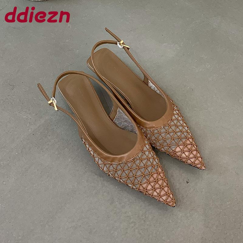 Fashion Fashion Pointed Toe Elegant Women Low Heel Sandals Shoes Spring Summer Mesh Breathable Ladies Heeled Sandals Shoes Female Pumps