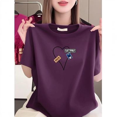 Elegant Purple Round-Neck Women's T-Shirt: Short-Sleeve, Loose Fit, Slimming, Printed, Age-Reducing, Fashionable Casual Top
