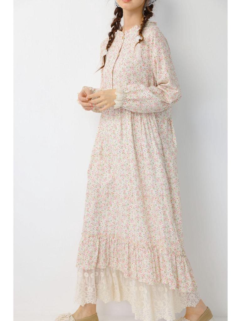 Spring Women's Mori Style Floral Cotton Linen Long Dress with Ruffle Patchwork