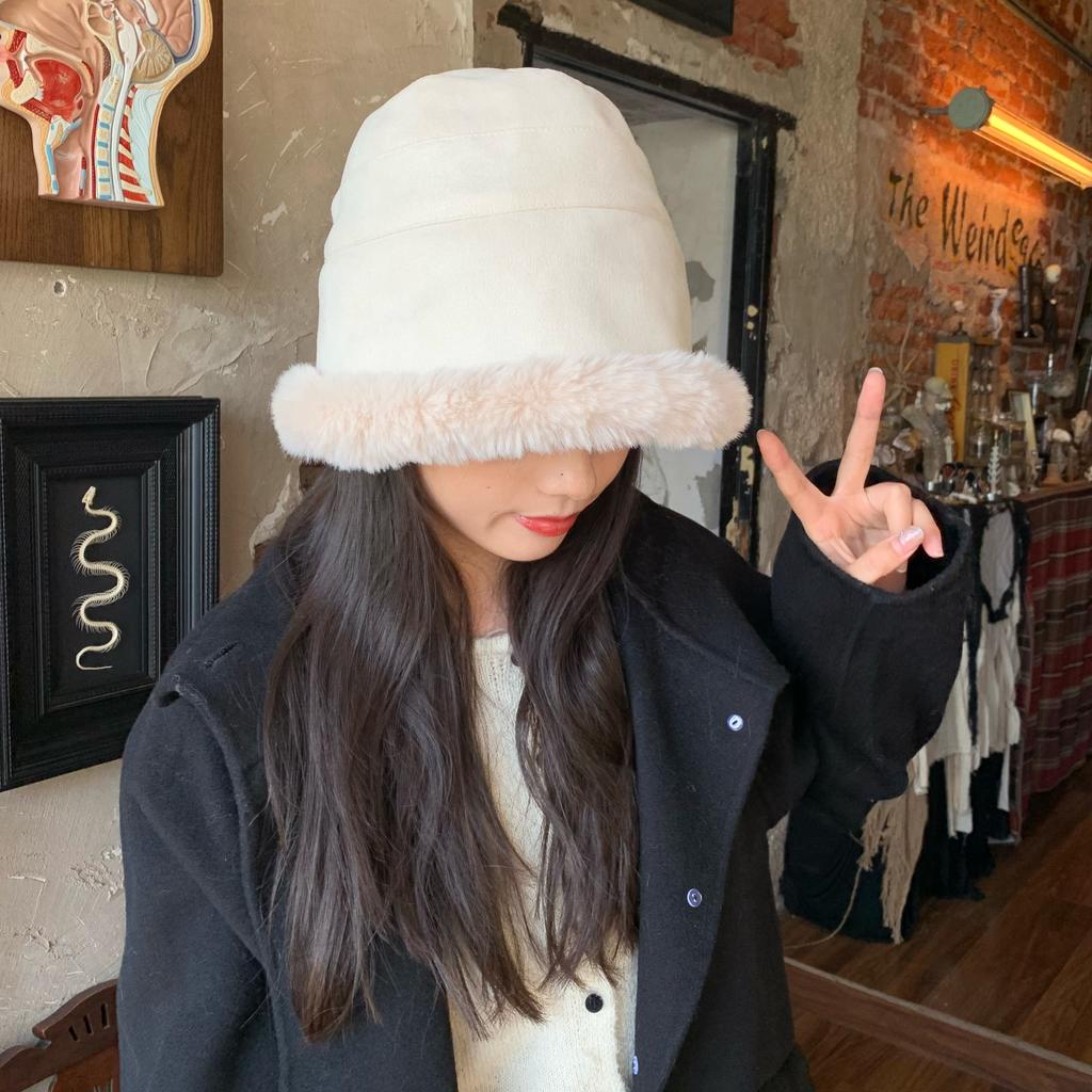 Plush Hat Women's Autumn and Winter Solid Color Suede Bucket Hat Loose Thickened Warm Big Head Circumference Pile Hat Basin Hat