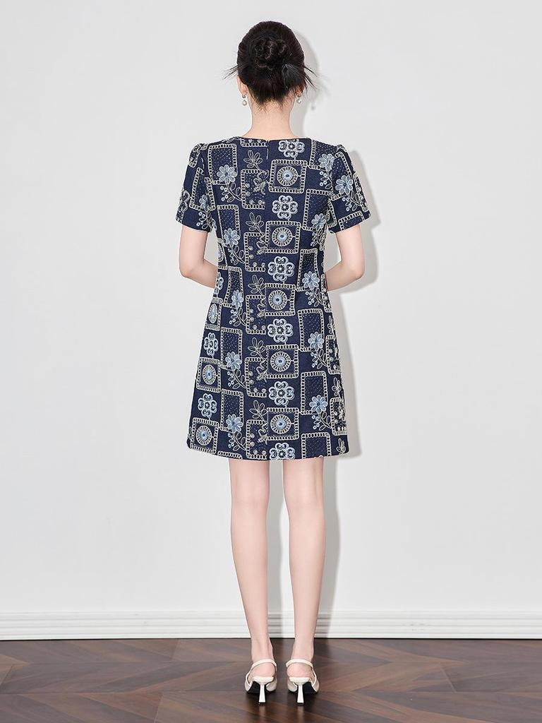 High-Quality French Retro Sequin Embroidered Denim Skirt Dress for Women