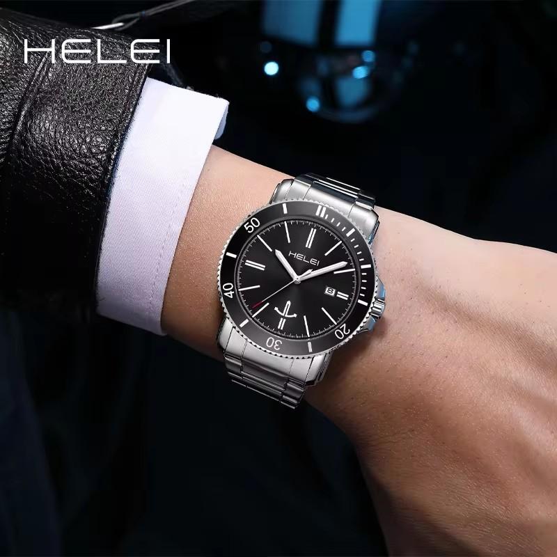 Helei H9002A-G 9002 Waterproof Stainless Steel Strap Round Clock Quartz Watches Business Gift Fashion Men's Wristwatches for Men