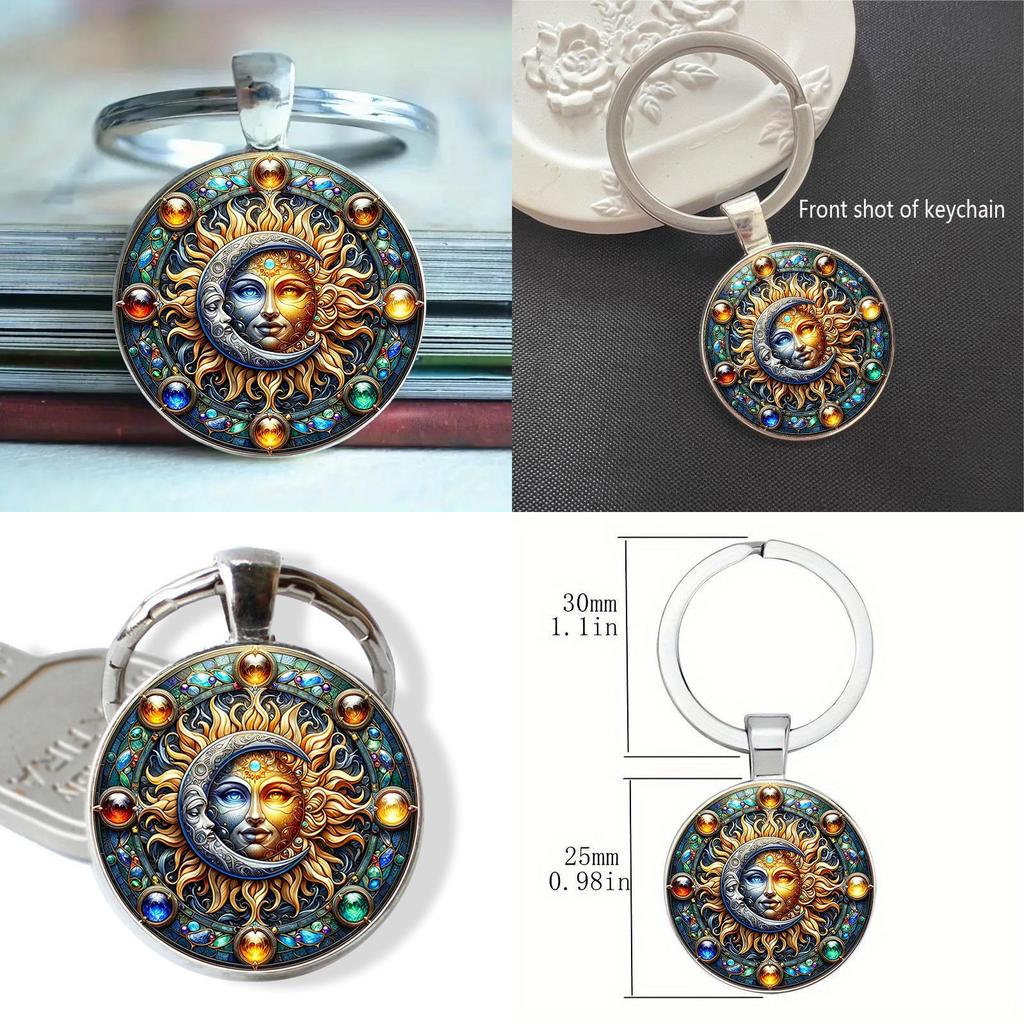 Sun Moon Pattern Glass Keychain Cute Pendant For Gift Giving And Daily Use