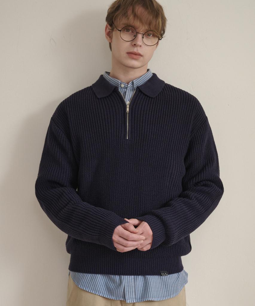 ESN Punched Collar Neck Half-Zip Knit Navy