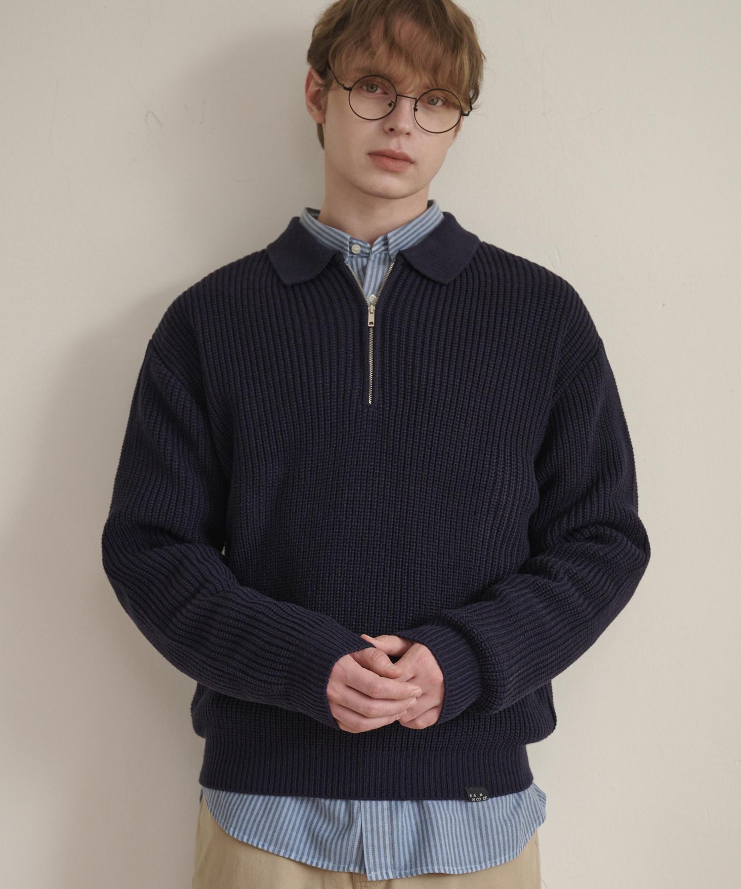 Iesn Punched Collar Neck Half-Zip Knit Navy M