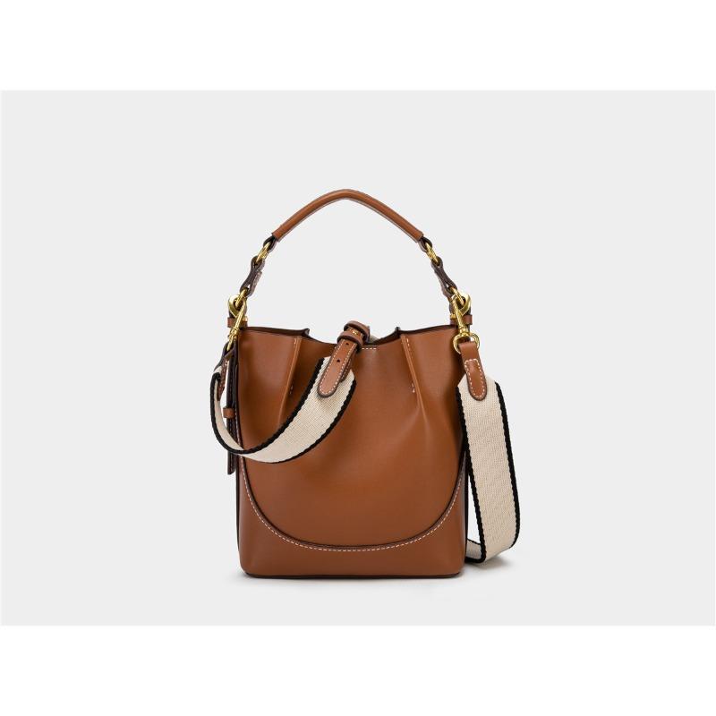 Women's Bag 2026 New Fashi Brown Drawstring Portable Crossbody Wide Shoulder Strap Drawstring Bucket Bag for Women
