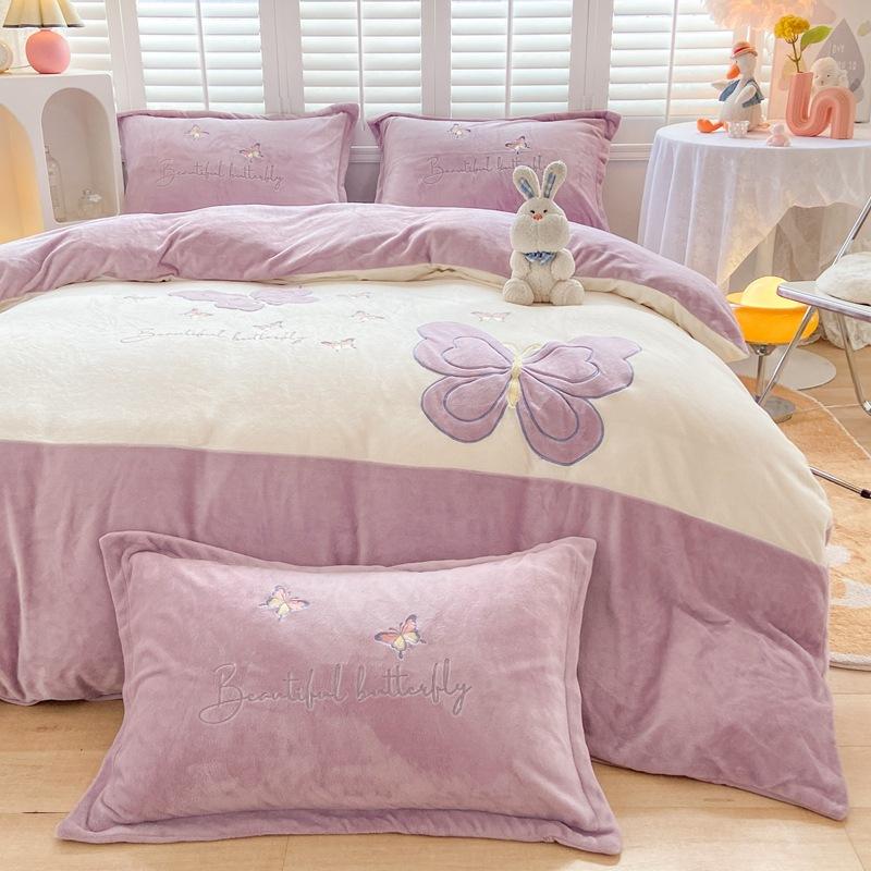 Four-piece Set of Embroidered Thickened Thermal Fleece Quilt Cover Sheets and Bedding