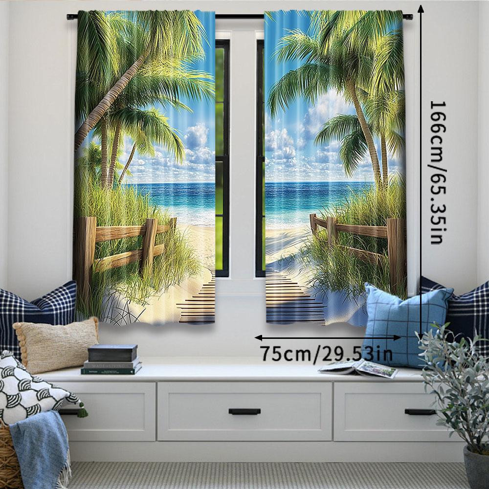 2Pcs Ocean Palm Tree Curtain Beach Tropical Hawaii Coastal Summer Sandy Seaside Exotic Seascape Green Blue Nature Landscape