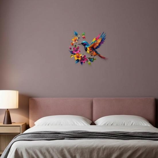 Hummingbird Bloom Metal Wall Art Colorful Floral Bird Wall Decor Iron Hanging Sculpture for Outdoor Indoor Garden Patio Fence Wall Decoration