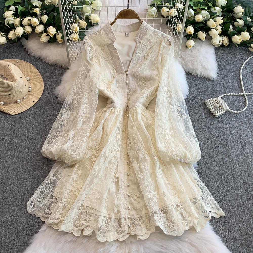 Abito Elegante Versatile a Linea A con Scollo a V, Maniche a Lanterna, Ricami alla Moda, Stile Vintage, per Estate e Autunno 2025
