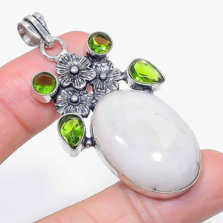 Natural Moonstone, Peridot 925 Sterling Silver Jewelry Pendant 2.32" K6o48