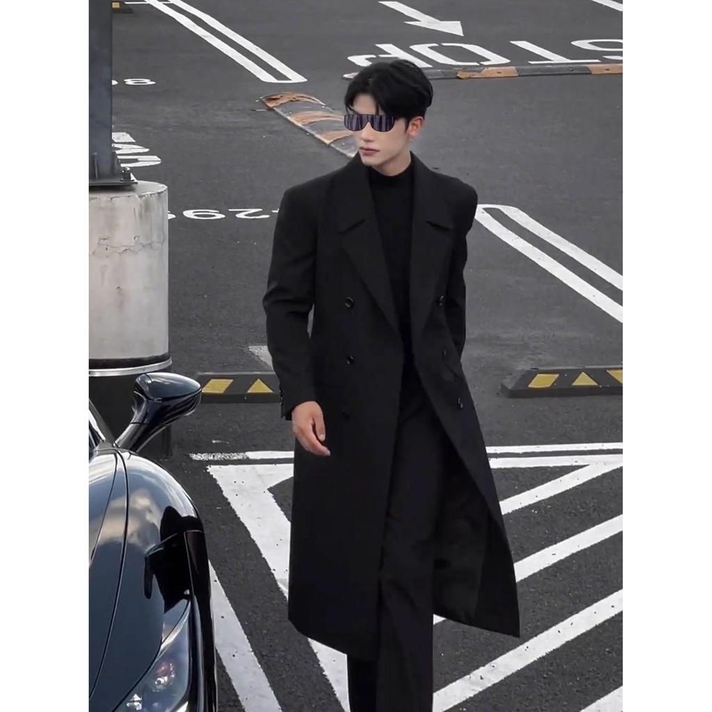 French-Inspired Men's Double-Breasted Trench Coat - Autumn/Winter, Mature Korean Trend, Drop Shoulder Woolen Style
