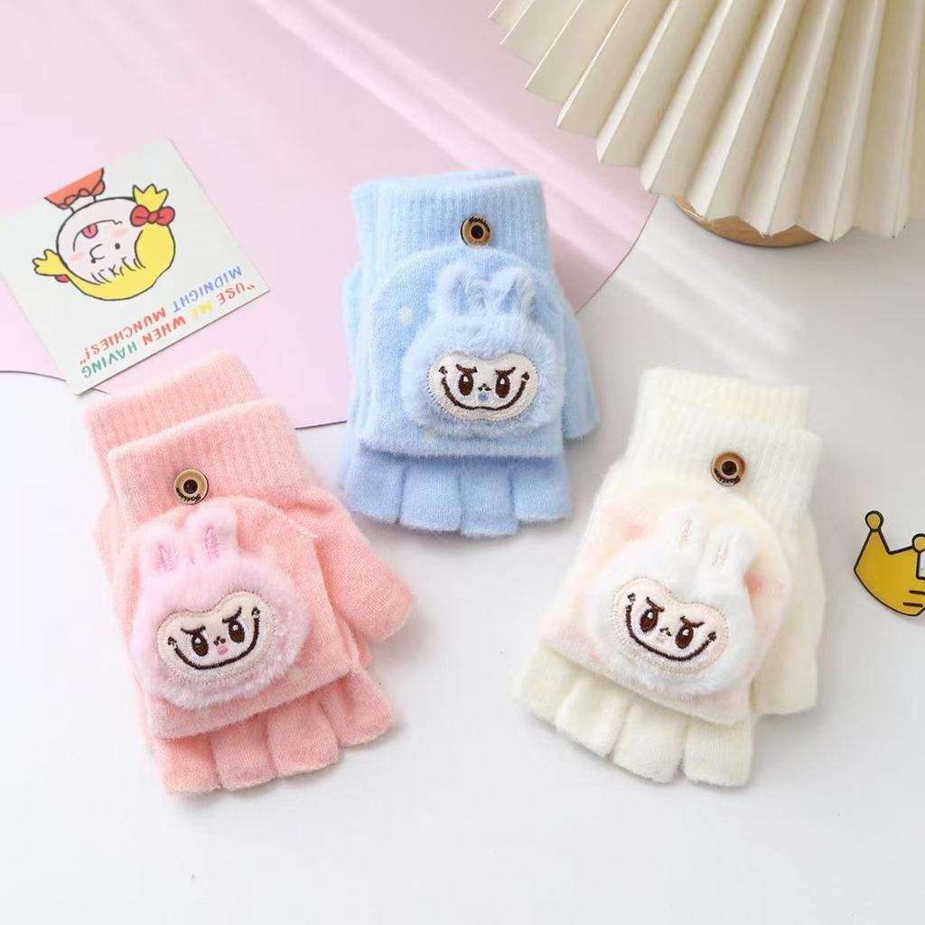 Children's Princess-style Flip Cartoon Gloves, Winter Plush Five-fingered Warm Gloves