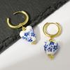 Blue and White Porcelain Teapot Pendant Earring Vintage Ceramic Heart Ball Pearls Dangle Earrings Stainless Steel Jewelry Gift