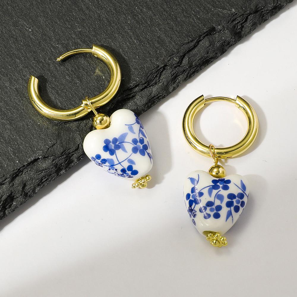 Blue and White Porcelain Teapot Pendant Earring Vintage Ceramic Heart Ball Pearls Dangle Earrings Stainless Steel Jewelry Gift