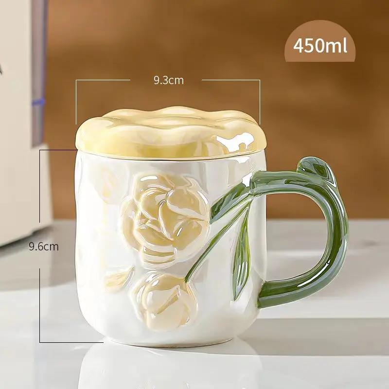 

Керамическая кружка-тюльпан с перламутровой глазурью и крышкой, расписанная вручную рельефная кофейная чашка с изображением цветов для девочек, подарочные семейные кружки 450ML