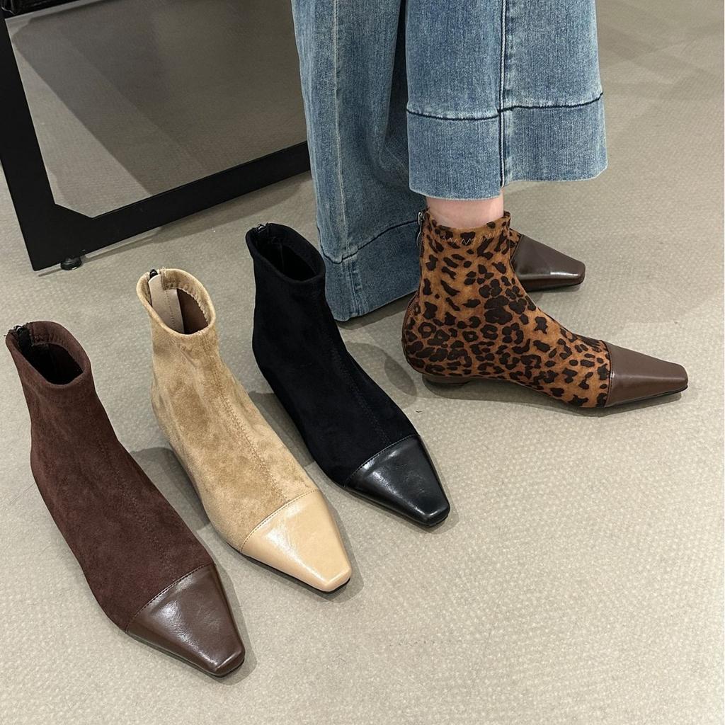 French Splicing Square Head Thick Heel Short Boots Women's 2025 Autumn and Winter New Suede Temperament Medium Heel Thin Boots Socks Boots Women's B